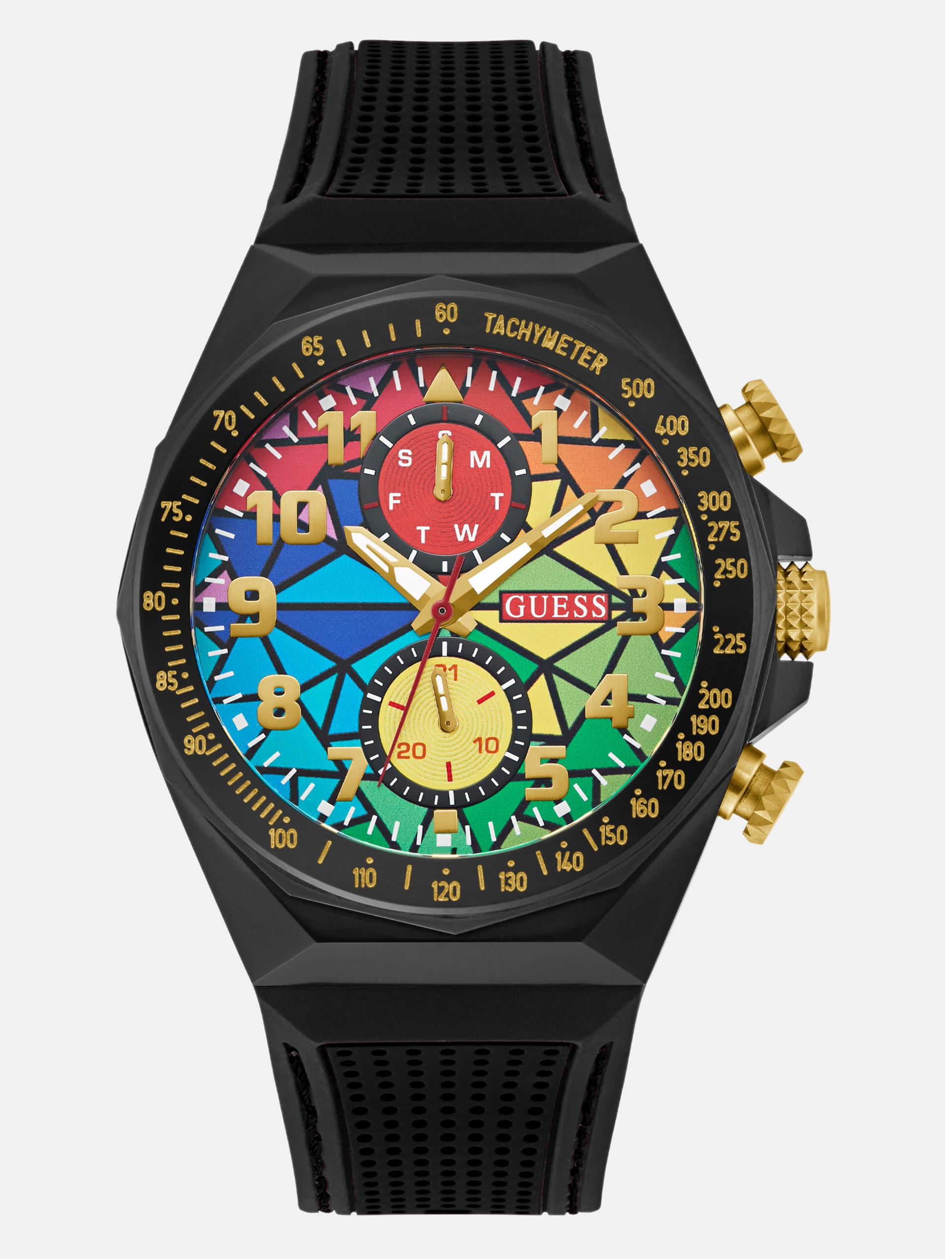 Relógio cronógrafo em mosaico arco-íris e silicone preto