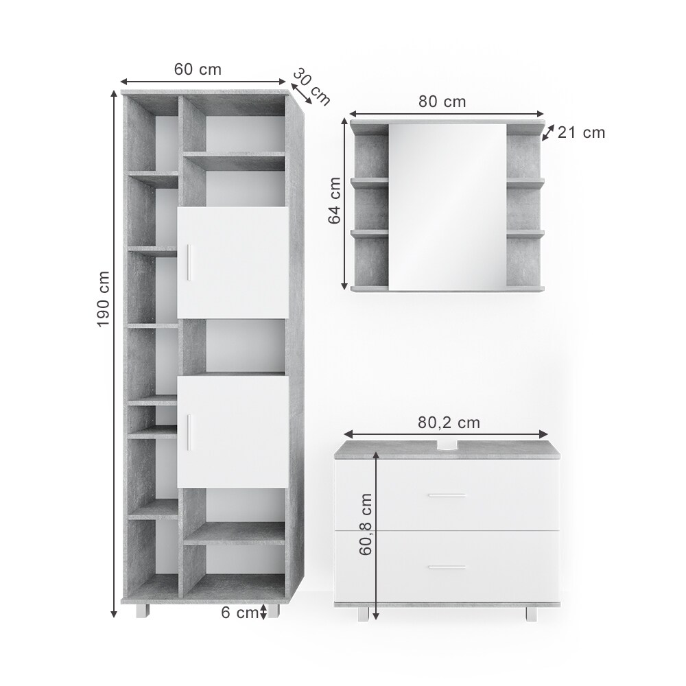VICCO Badmöbel Set ILIAS Weiß Beton Spiegel Kommode Unterschrank Badschrank
