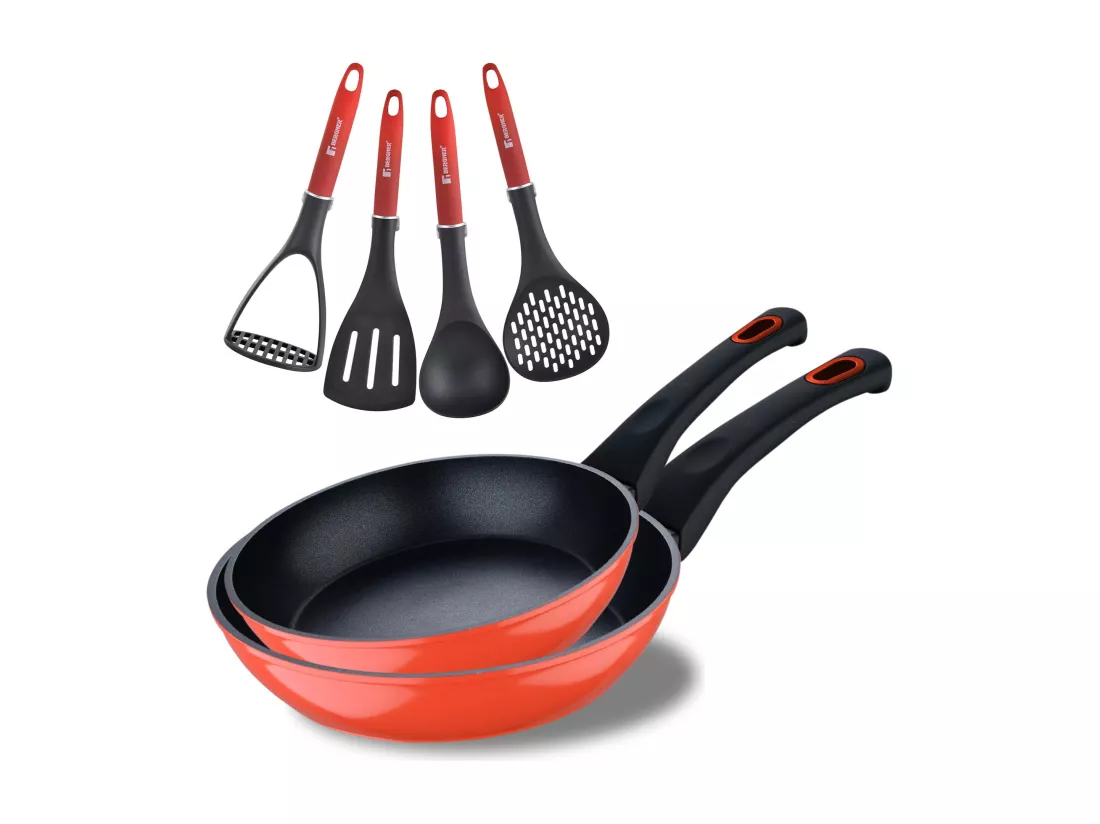 Lot de 2 poêles CLASSIQUE Ø20Ø24cm antiadhésives en aluminium forgé + ustensiles de cuisine Bergner rouge