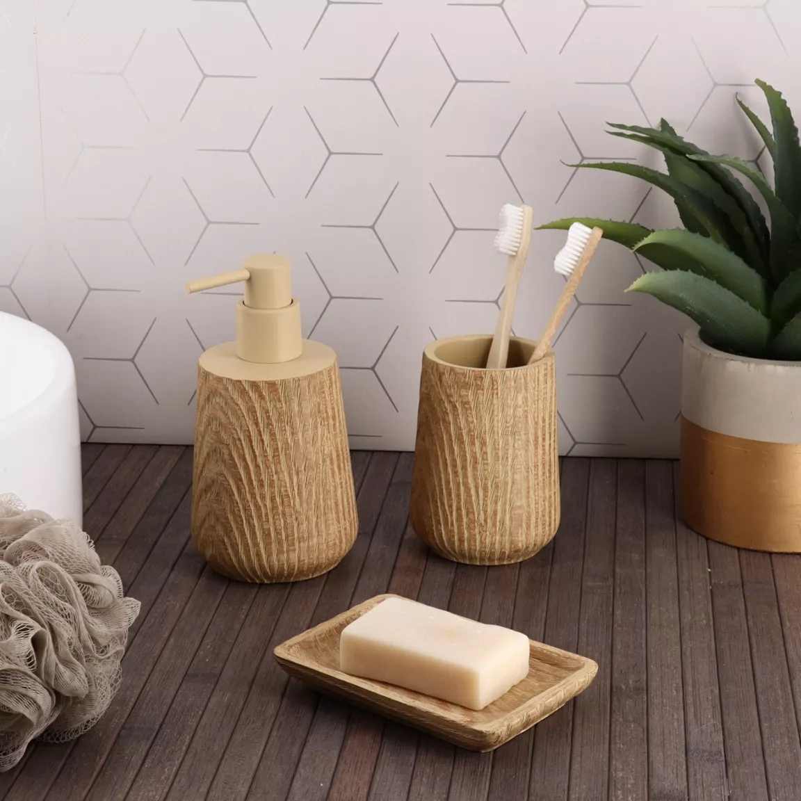 Set d'accessoires salle de bain façon chêne Scandi Beige
