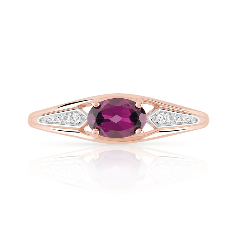 Bague or 375 rose grenat rhodolite et diamants