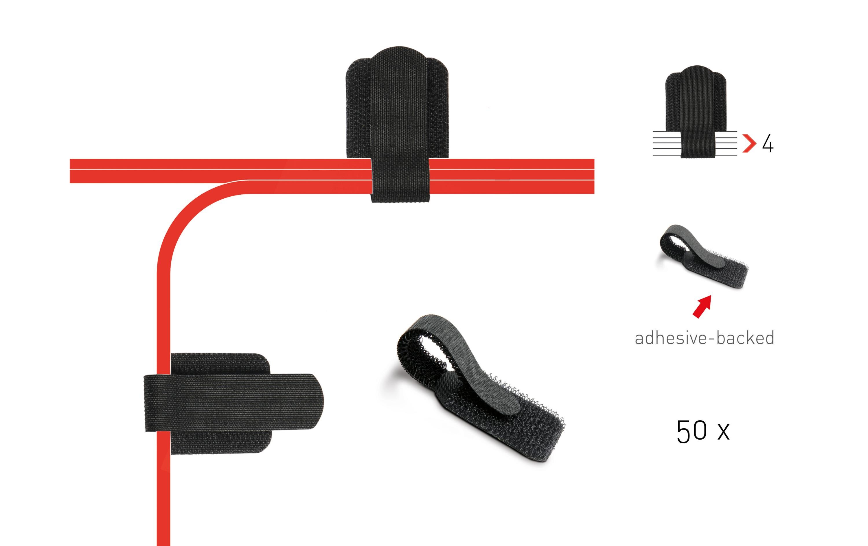 Klettkabelhalter WALL STRAPS 3 x 9 cm Schwarz, 50 StückOrdnung statt Kabelsalat: Kabelhalter selbstklebend mit Klettverschluss