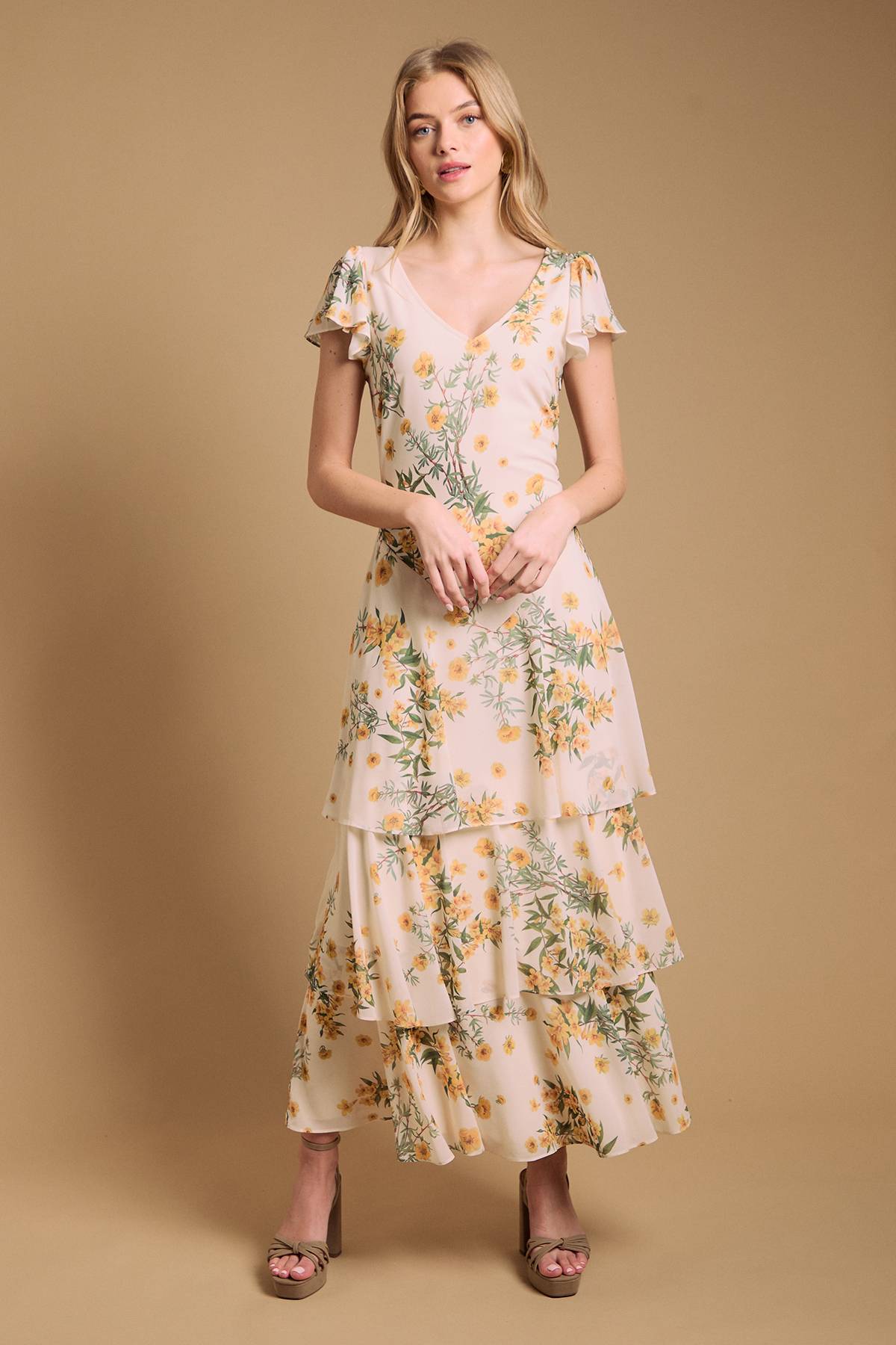 Oasis Robe Maxi en Mousseline à Imprimé Floral avec Volants Étagés