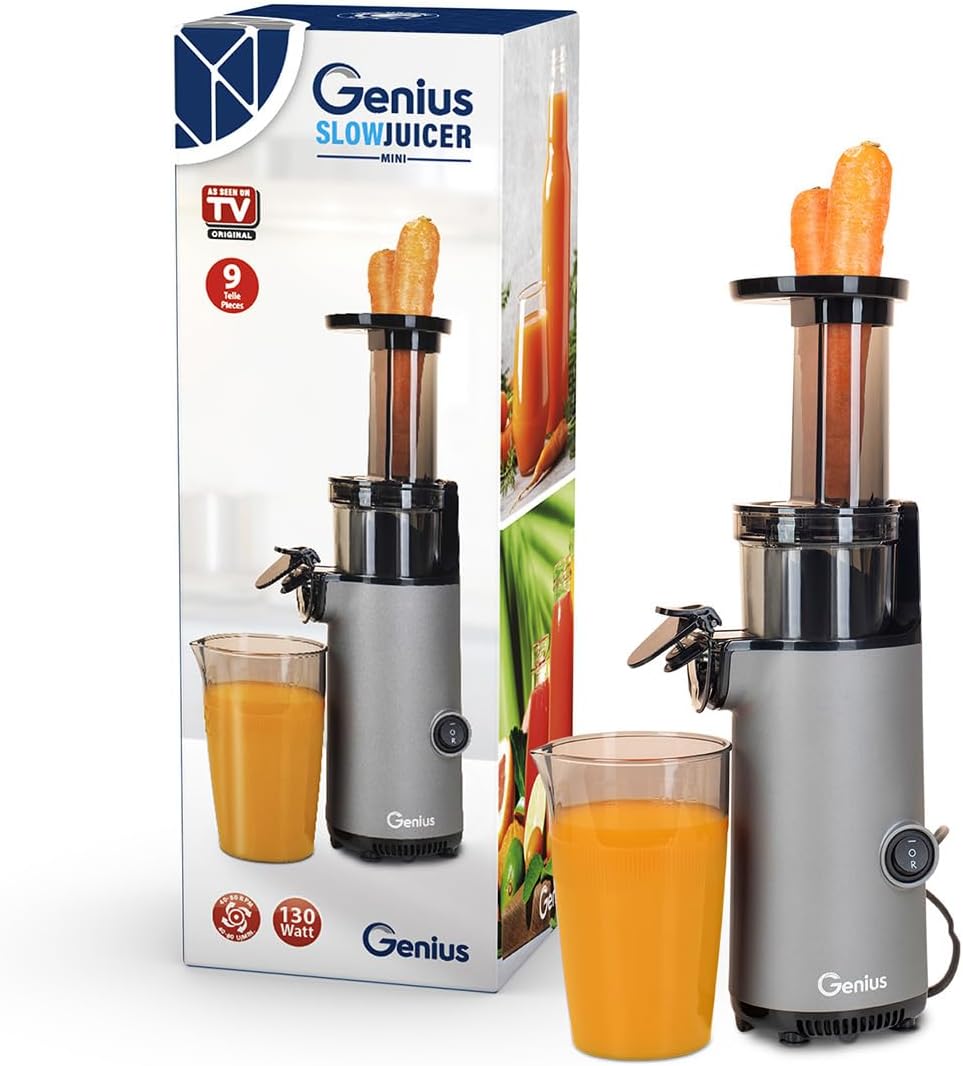 Genius Slow Juicer Mini Saftpresse für Gemüse und Obst, 9-teilig, Kaltpresse, 130 W, leise, einfaches Design, leichte Fruchtpresse, elektrisch, einfache Reinigung mit Bürste