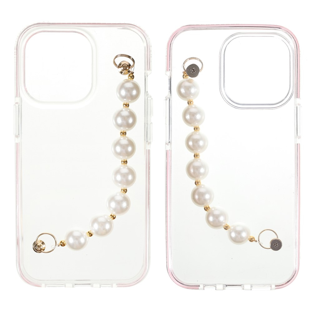 iPhone 13 Pro Hybrid Bumper Gummi Hülle mit Perlenkette Handschlaufe - Transparent / Rosa