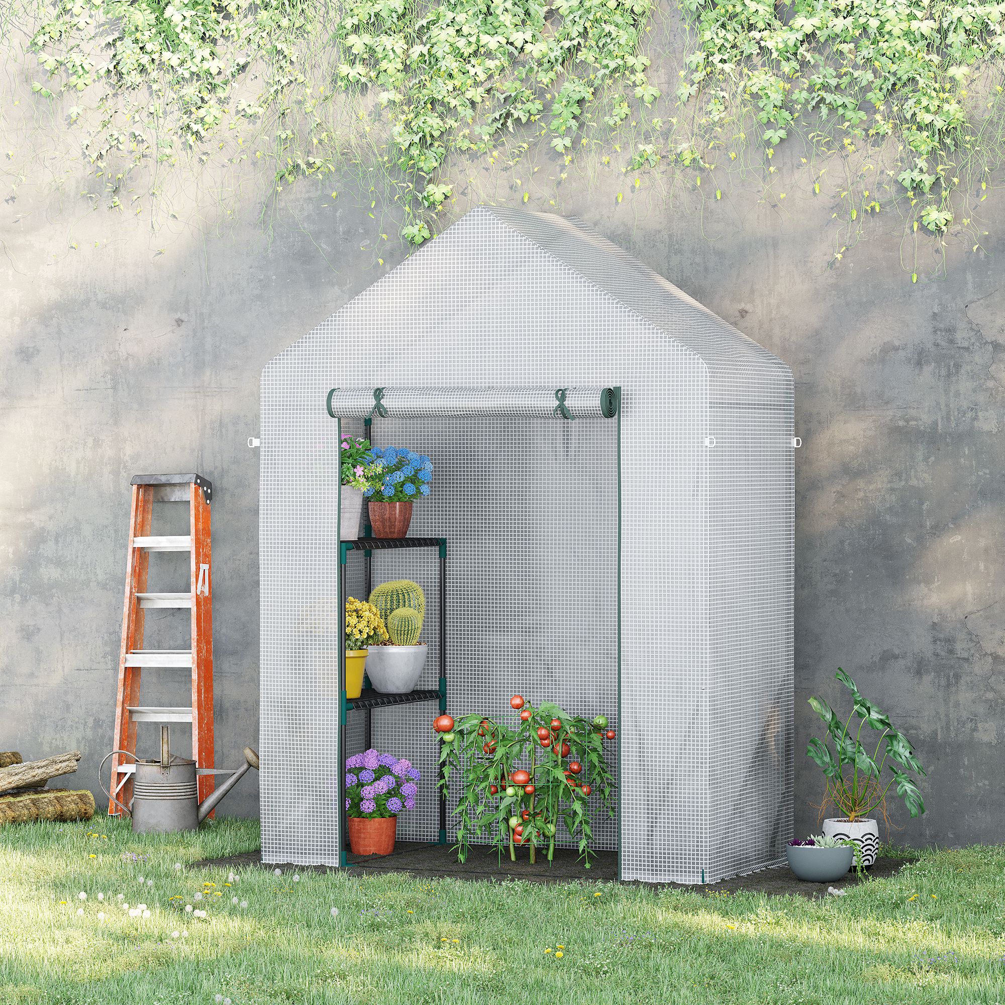 Estufa de jardim Outsunny, 143x73x195 cm, em aço, com 2 prateleiras e porta de enrolar, ideal para o cultivo de plantas, vasos e flores, perfeita para áreas externas, na cor branca.