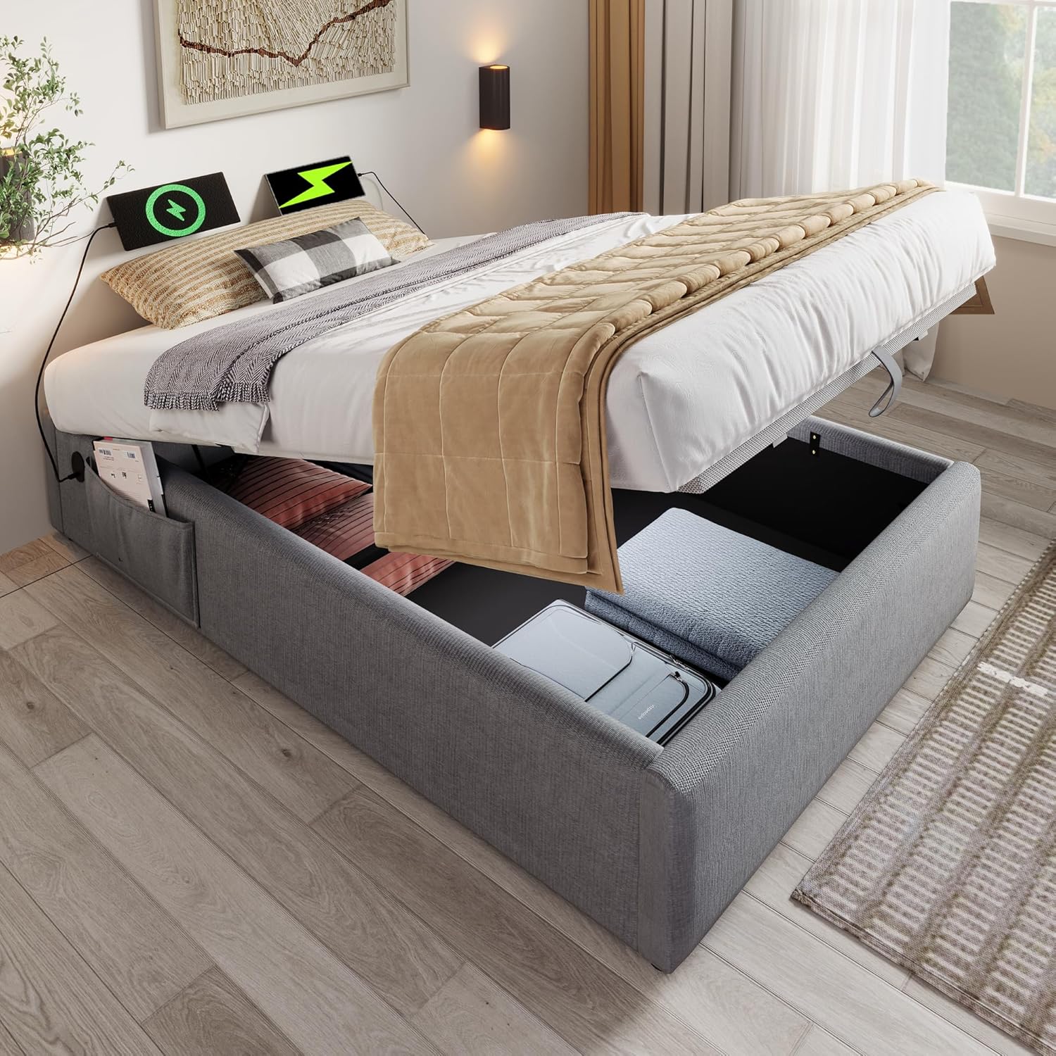 Bett 90x200 cm mit USB Type-C-Ladefunktion, Polsterbett mit Hydraulischer Stauraum und Vollflächiger Lattenrost, Ohne Kopfteil, Hydraulisch Einzelbett Stauraumbett, Baumwolle, ohne Matratze, Grau