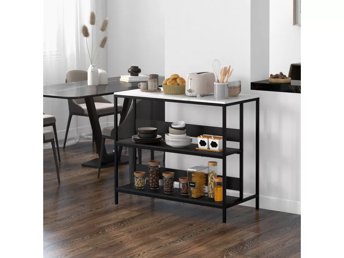 Îlot central de cuisine - 2 étagères, plateau - dim. 100L x 50l x 90H cm - châssis acier panneaux noirs plateau aspect marbre blanc