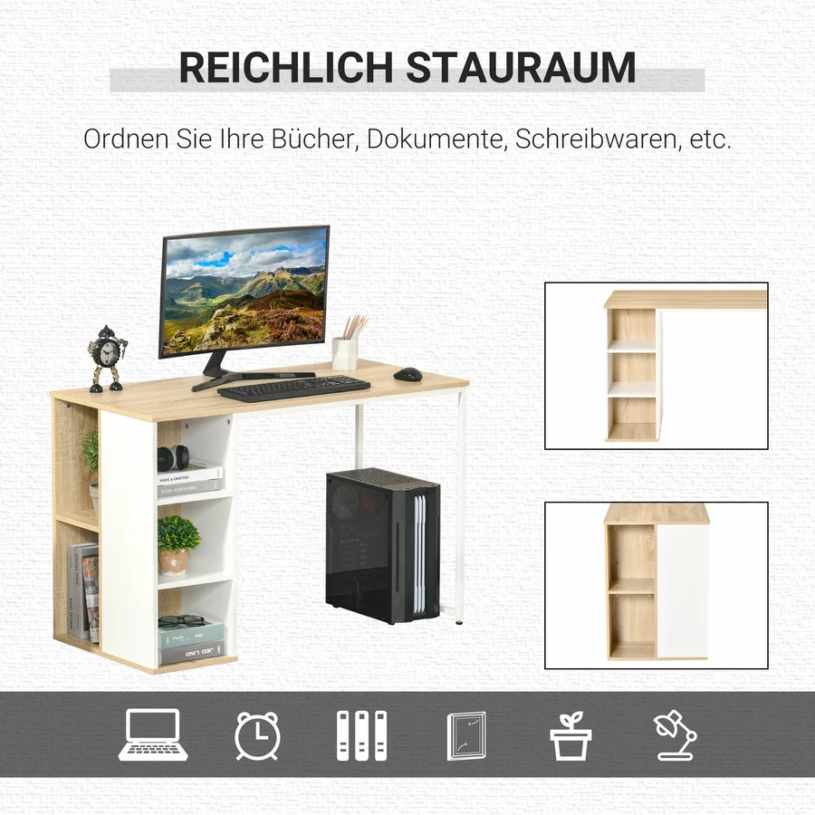 HOMCOM Schreibtisch Tisch mit Bücherregal eiche, weiß