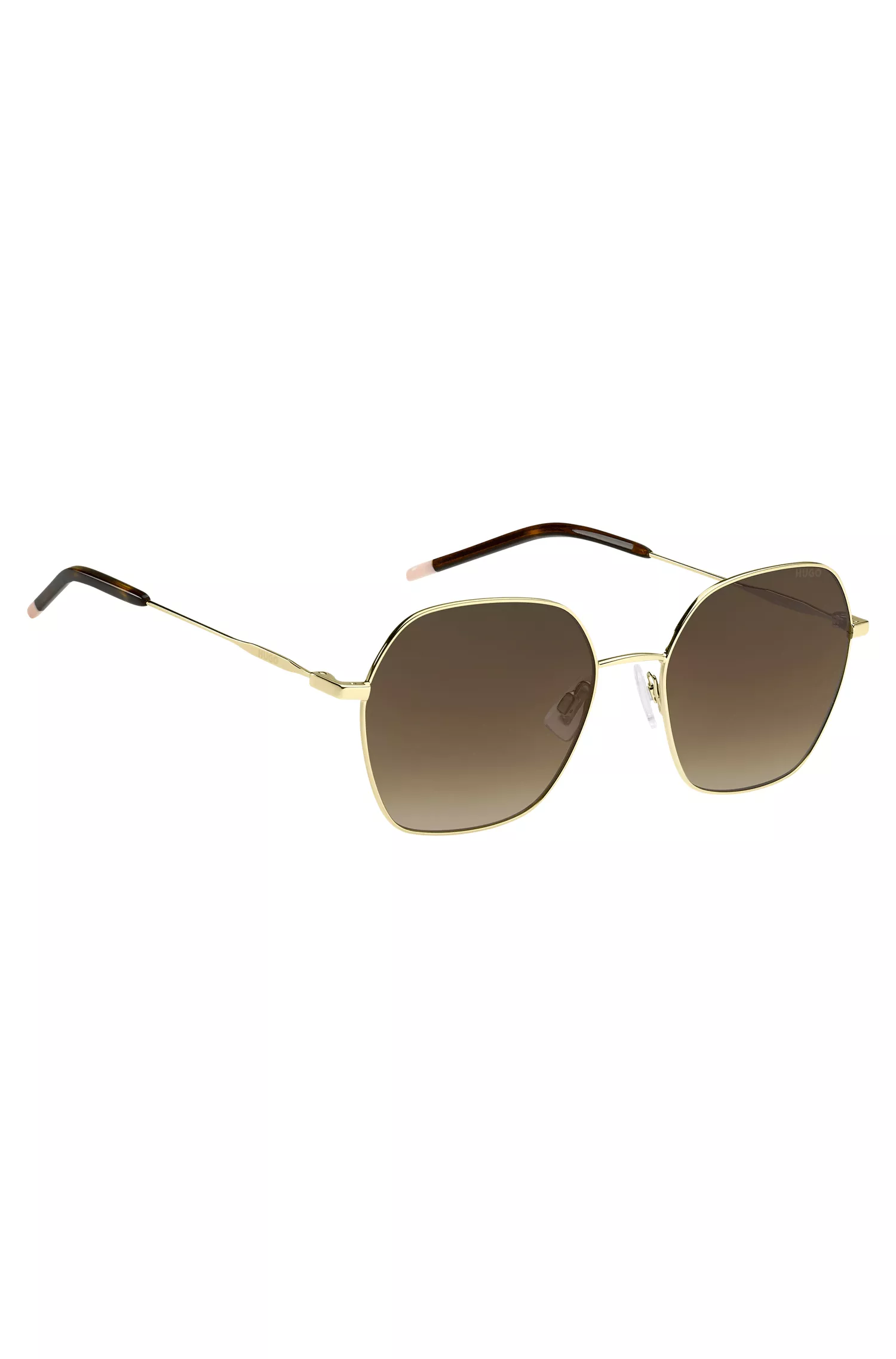 Óculos de sol HUGO em tons de vermelho e dourado com ponteiras em acetato Havana.