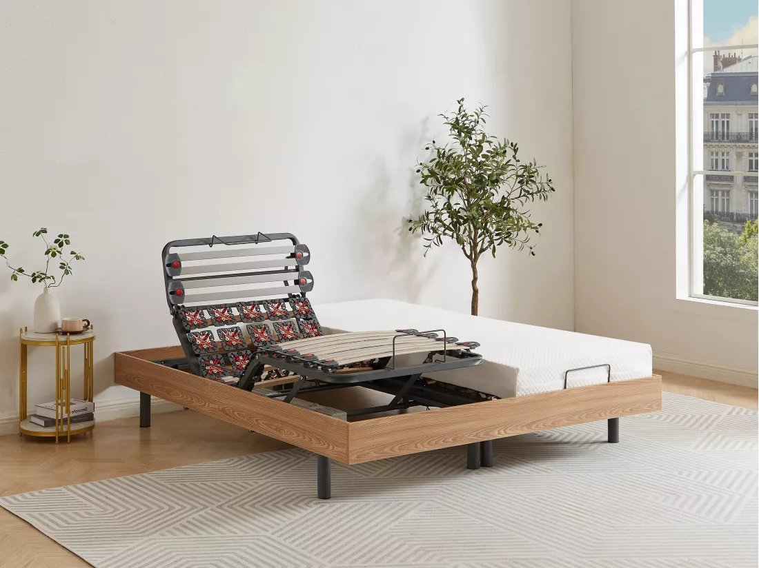 Sommier électrique de relaxation déco lattes et 2x25 plots - 2 x 80 x 200 cm - Chêne naturel - CISERANO de YSMÉE