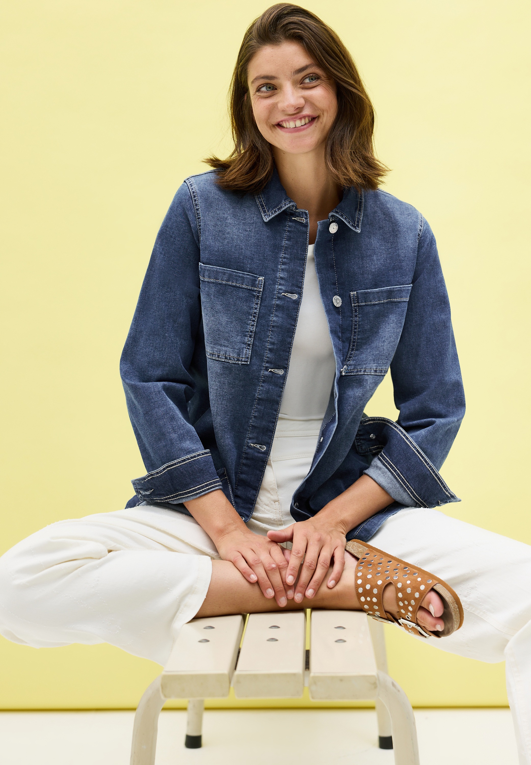 Cecil Jeansjacke ohne Kapuze Denim-Overshirt mit Knopfleiste und Brusttaschen