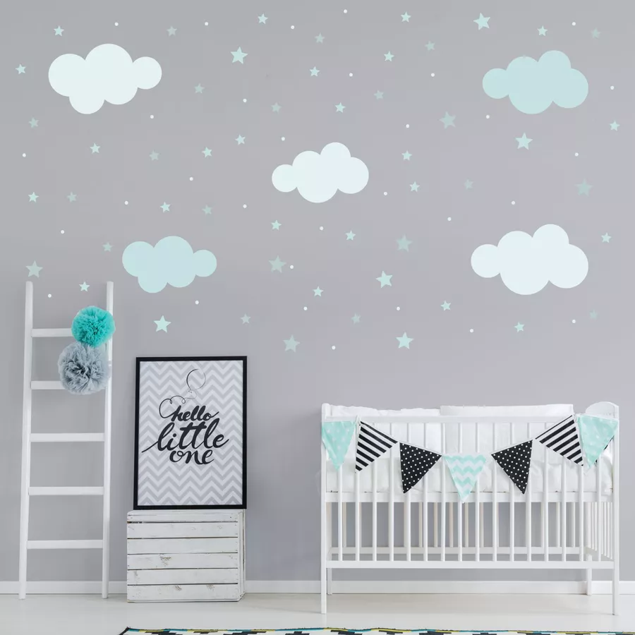 Nikima Wandtattoo 138 Wolken, Sterne und Punkte Set blau - 87 Stück in 6 vers. Größen mint