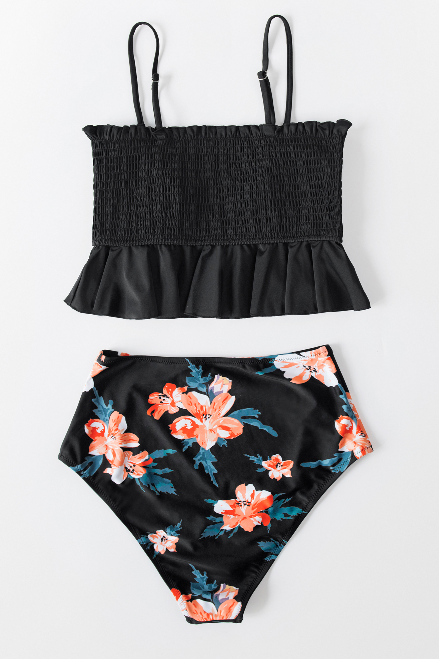 Tankini taille haute à volants et feuilles noir