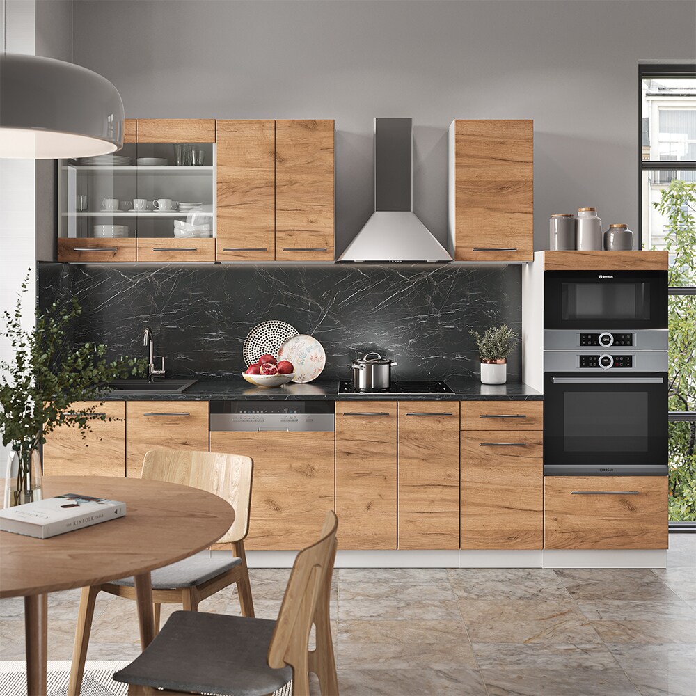 Vicco Küchenzeile Küchenblock Einbauküche Fame-Line Weiß Eiche 300 cm modern Küchen Schränke Schubunterschrank Unterschrank Spülenunterschrank Hängeschrank Mikrowellenschrank Geschirrspülerblende
