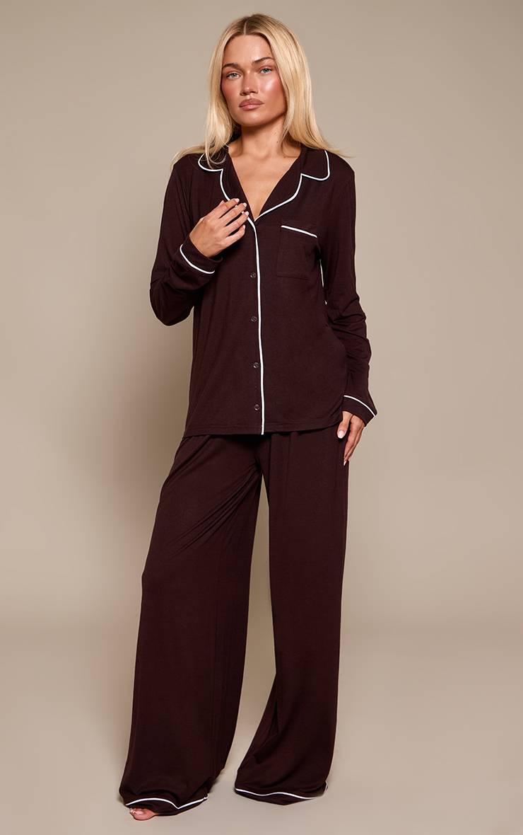 Chocolat Ensemble Pyjama Haut Manches Longues Et Pantalon En Jersey Doux Avec Passepoil