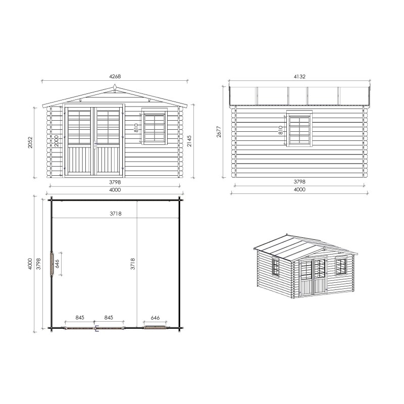 Abri de jardin en bois - 4x4 m - 24 m2 + terrasse avec balustrade et avant-toit en bois