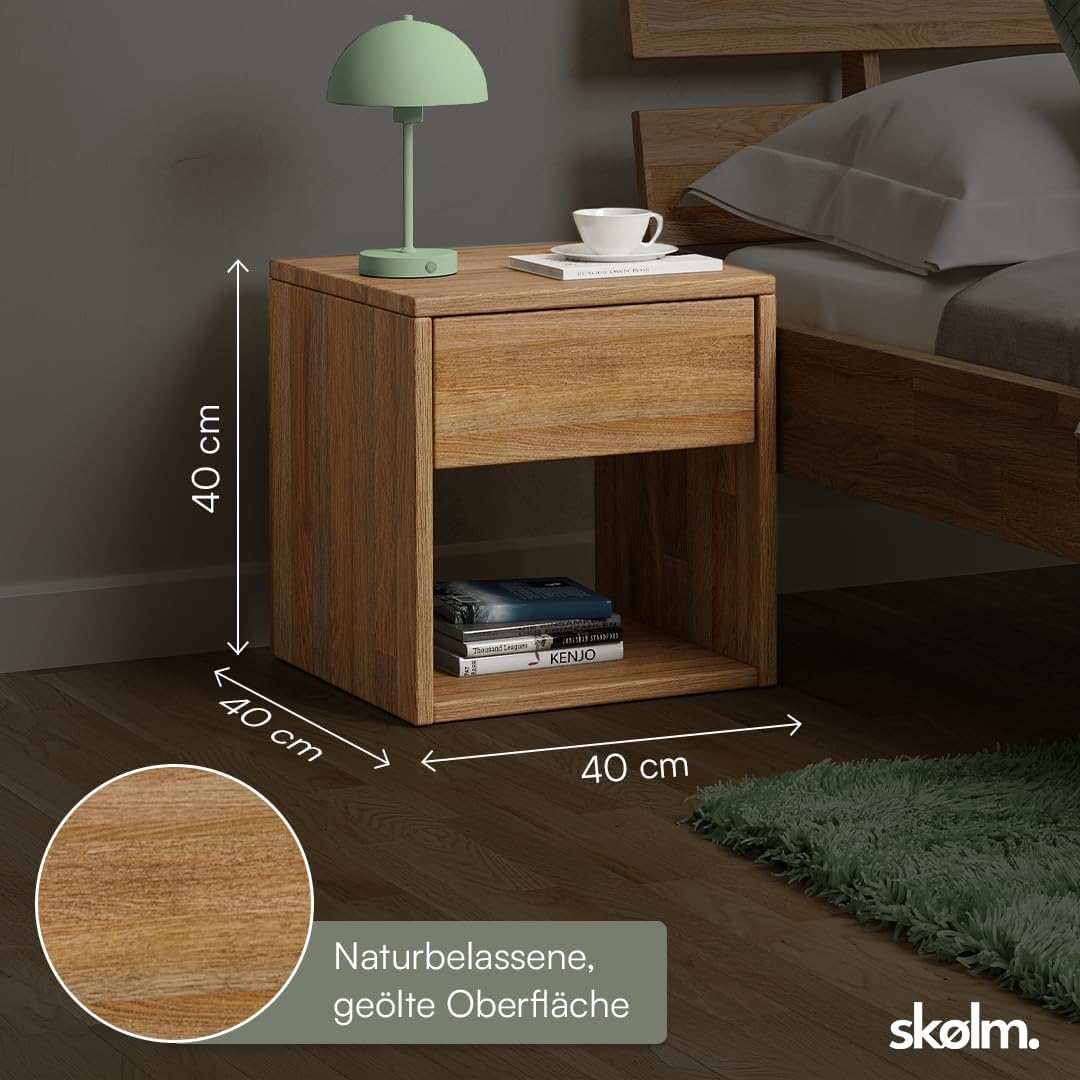 skølm Floki Nachttisch mit Schubladen – Nachtschrank aus Eiche Massivholz geölt – Nachttischschrank Natur – Bedside Table Schlafzimmer – Nachtkommode 40 x 40 x 40 cm