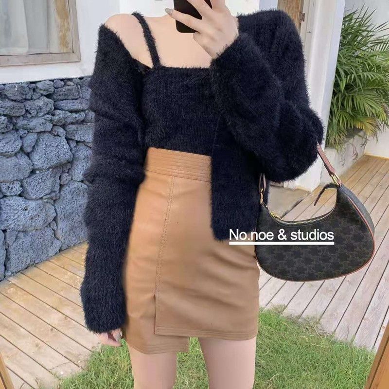 Sancus - Set van 2: effen harige gebreide camisole top & effen harige cropped cardigan