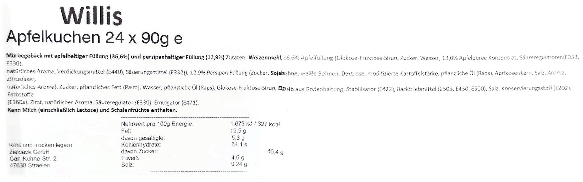 24x Willis Apfel Kuchen á 90g=2,16kg MHD:6.1.25