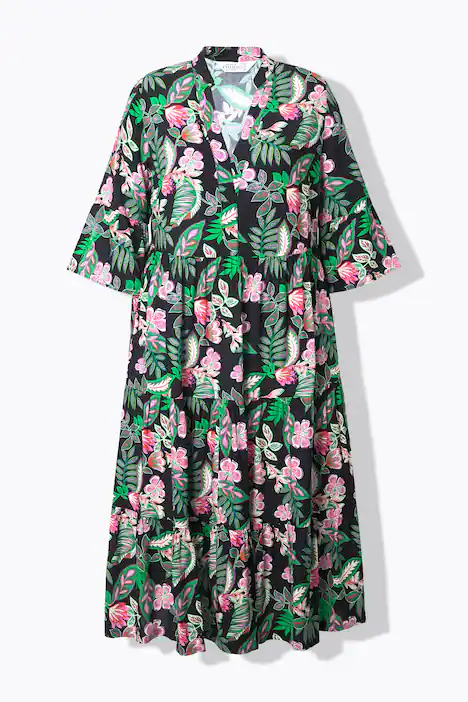Maxikleid, Blätter-Print, Volants, schwarz
