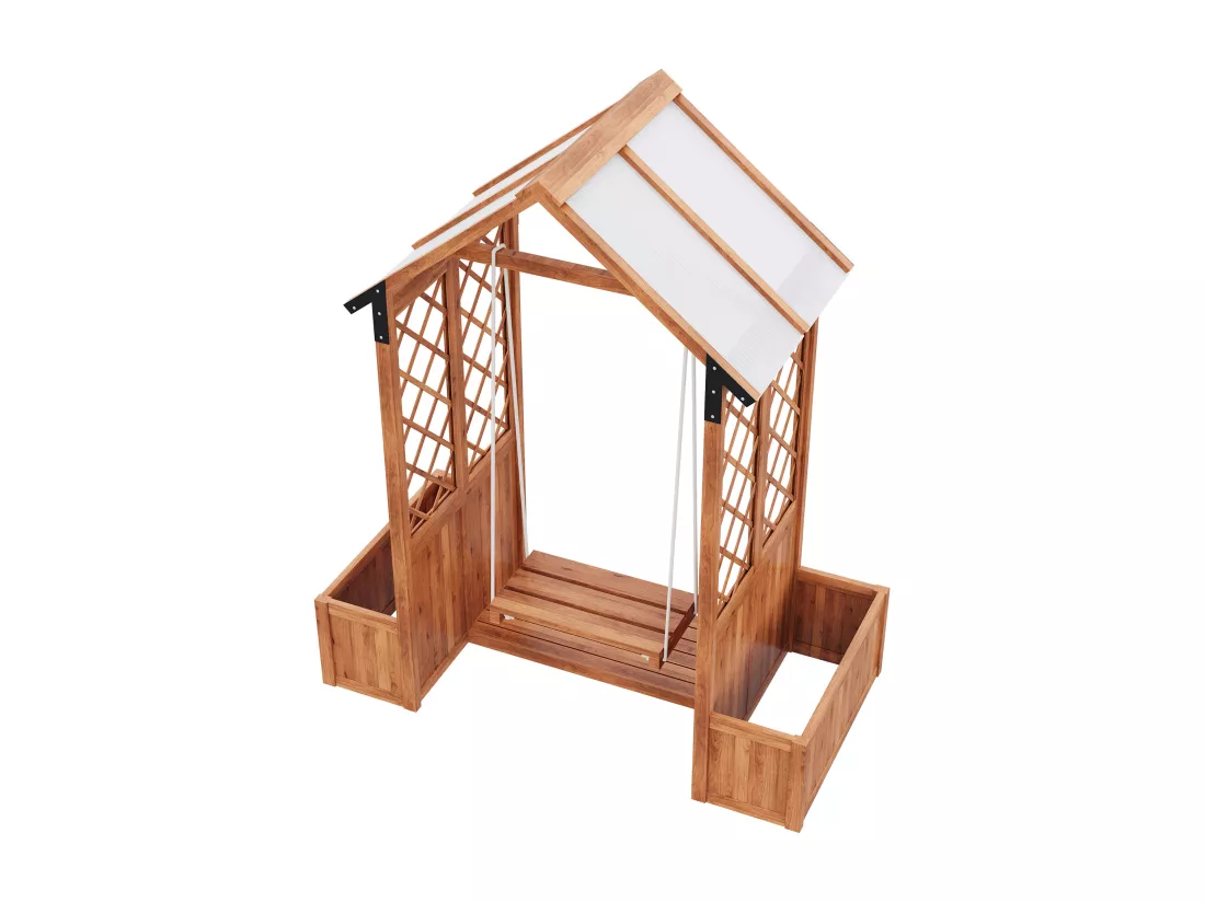 Cache-pot, balançoire d'extérieur, jardinière avec treillis, avec toit ouvrant en polycarbonate. Jardinière en bois massif marron