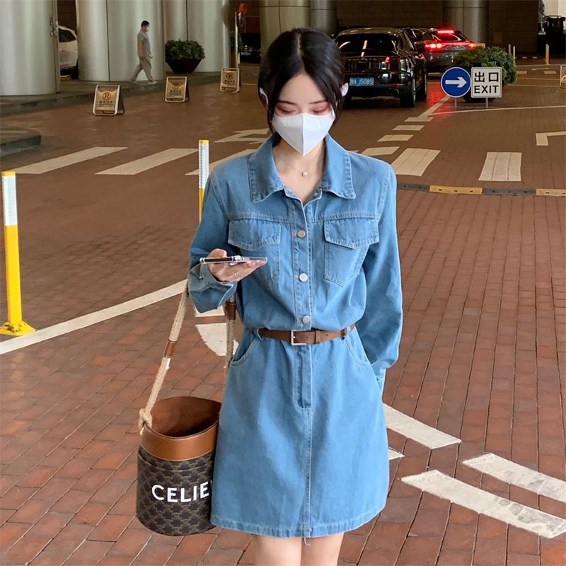 Sienne - Henley denim mini-overhemdjurk met lange mouwen