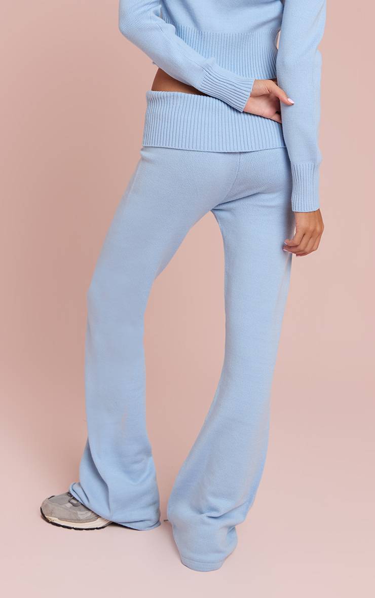 Bleu Clair Pantalon Évasé En Maille Avec Taille Repliable Douce