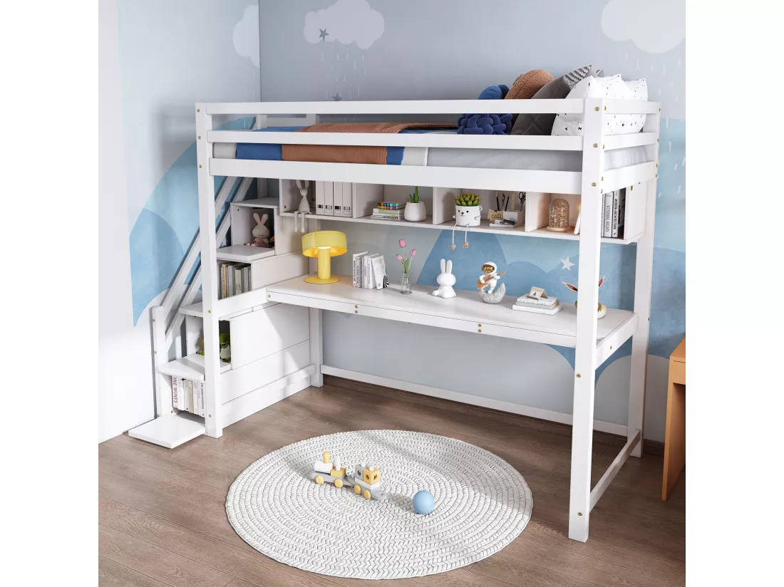 Lit mezzanine 90 x 200 cm avec bureau, tiroirs et étagères de rangement - Bois de pin - Blanc