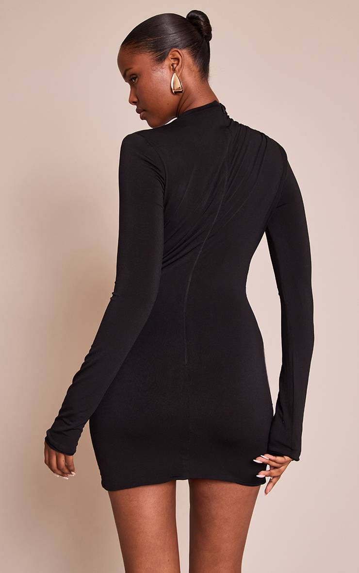Noir Robe Moulante PLT Label À Décolleté Plongeant Avec Détails De Finition Double Couche En Tissu Slinky Naturel