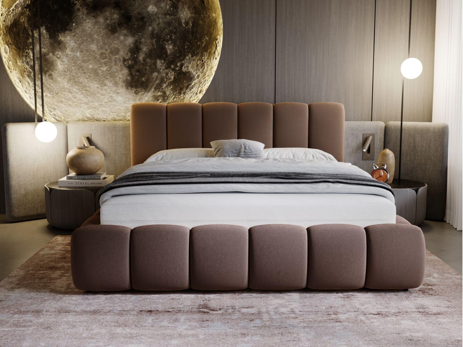 GRAINGOLD Cloud Bett 200x200, Polsterbett mit Bettkasten, Polsterbett mit Stauraum, Samt, mit Lattenrost, mit Kopfteil, ohne Matratze (Braun, 200x200)