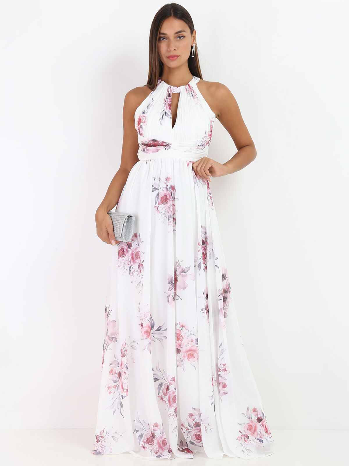 Robe longue dos nu à fleurs- Blanc