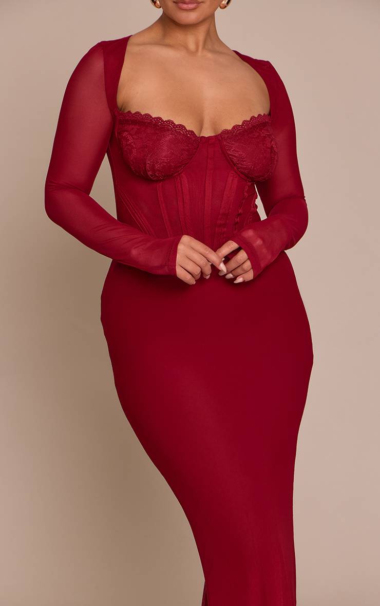 Rouge Bordeaux Robe Longue Corsetée En Mesh Avec Empiècements En Dentelle