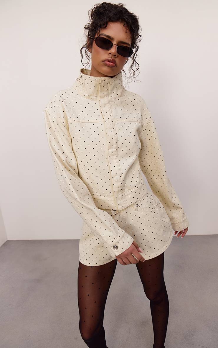 Crème Veste En Jean Courte À Col Montant À Pois