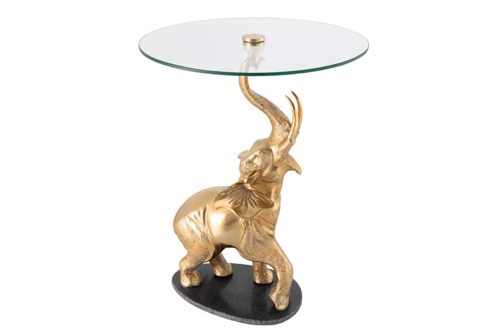 Runder Beistelltisch ELEPHANT 80cm silber Metall Glas Marmor Skulptur handmade