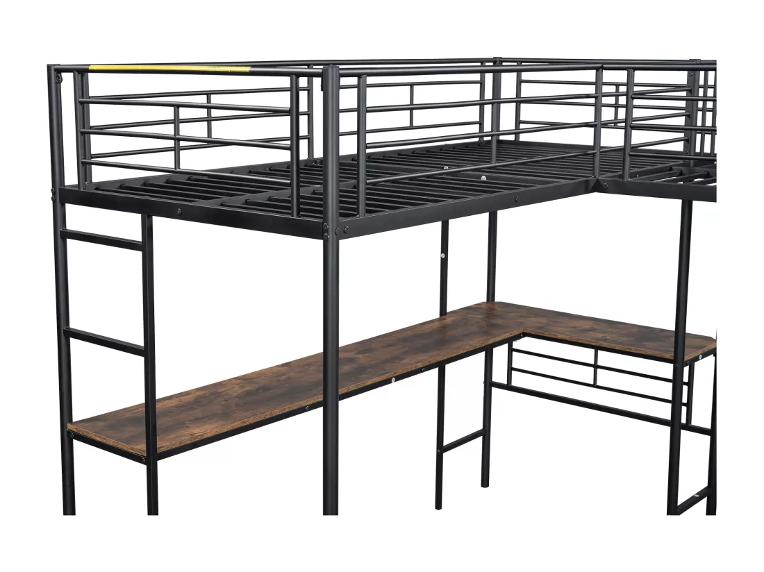 Lit mezzanine 2 places - 2 x 90 x 200 cm - avec bureau d'angle et échelles - métal - noir