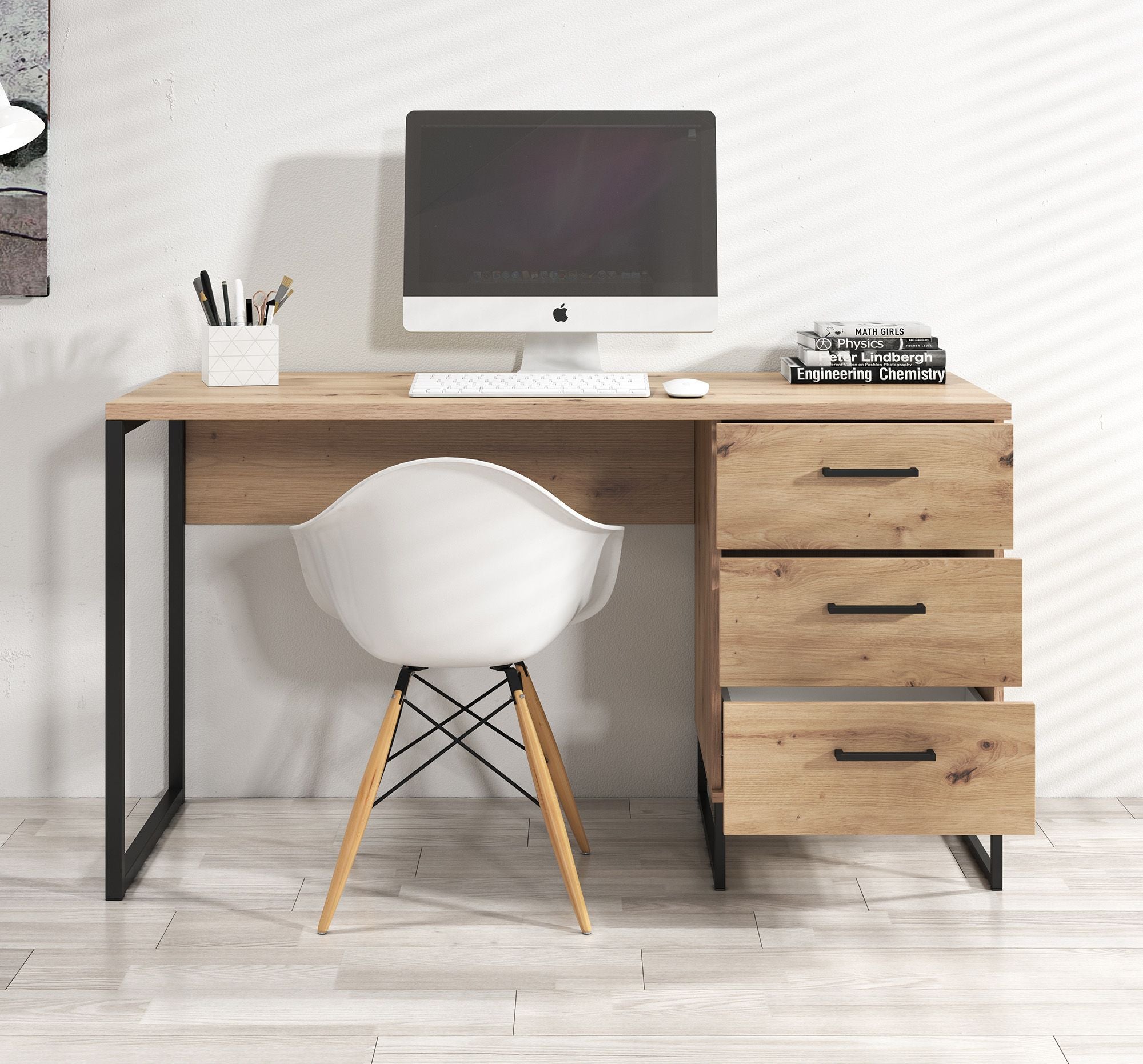 Meubella - Bureau Saturn - Eiken - Zwart - 138 cm