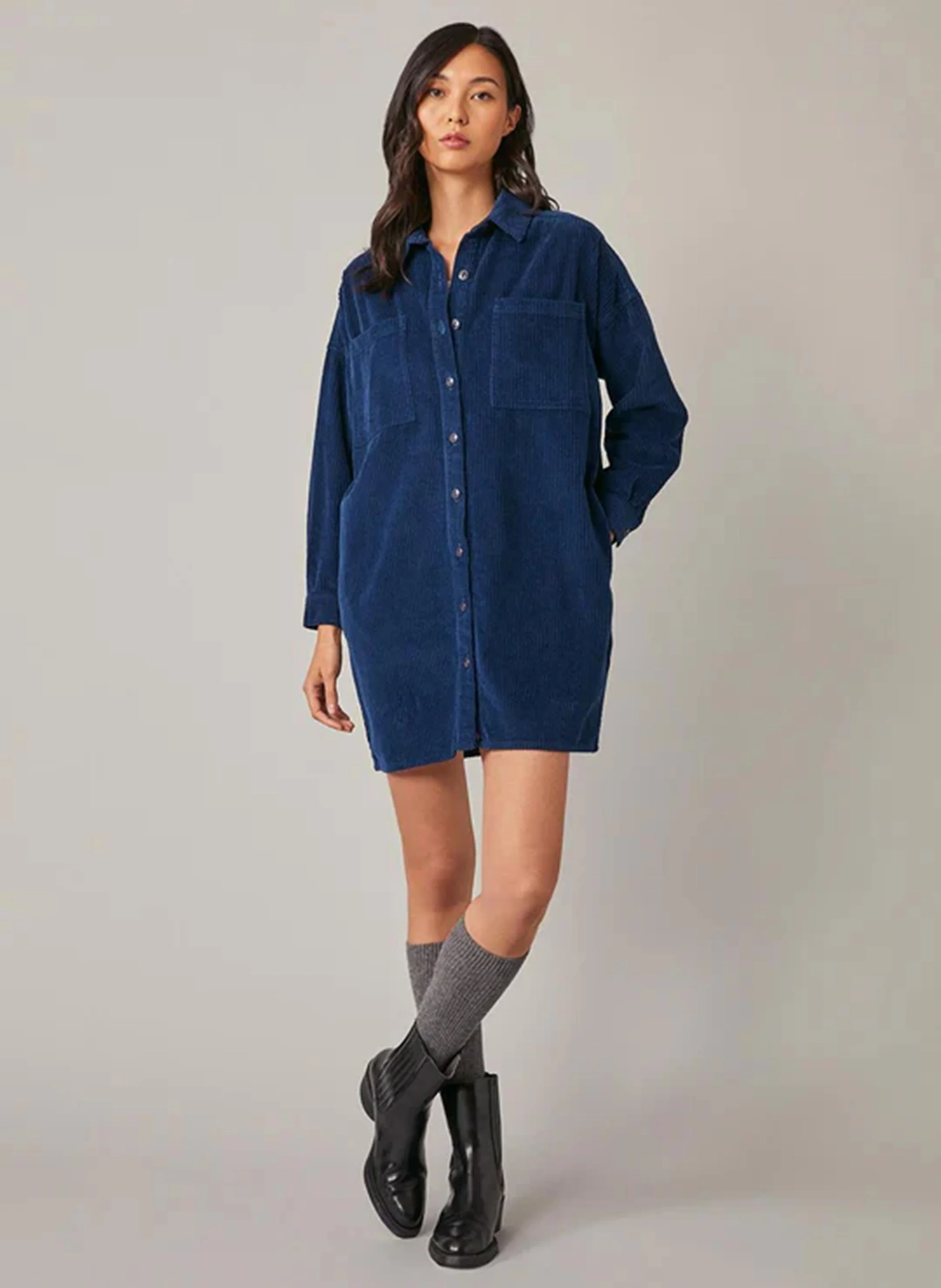 FRANE - Robe courte chemise col classique en coton | Bleu