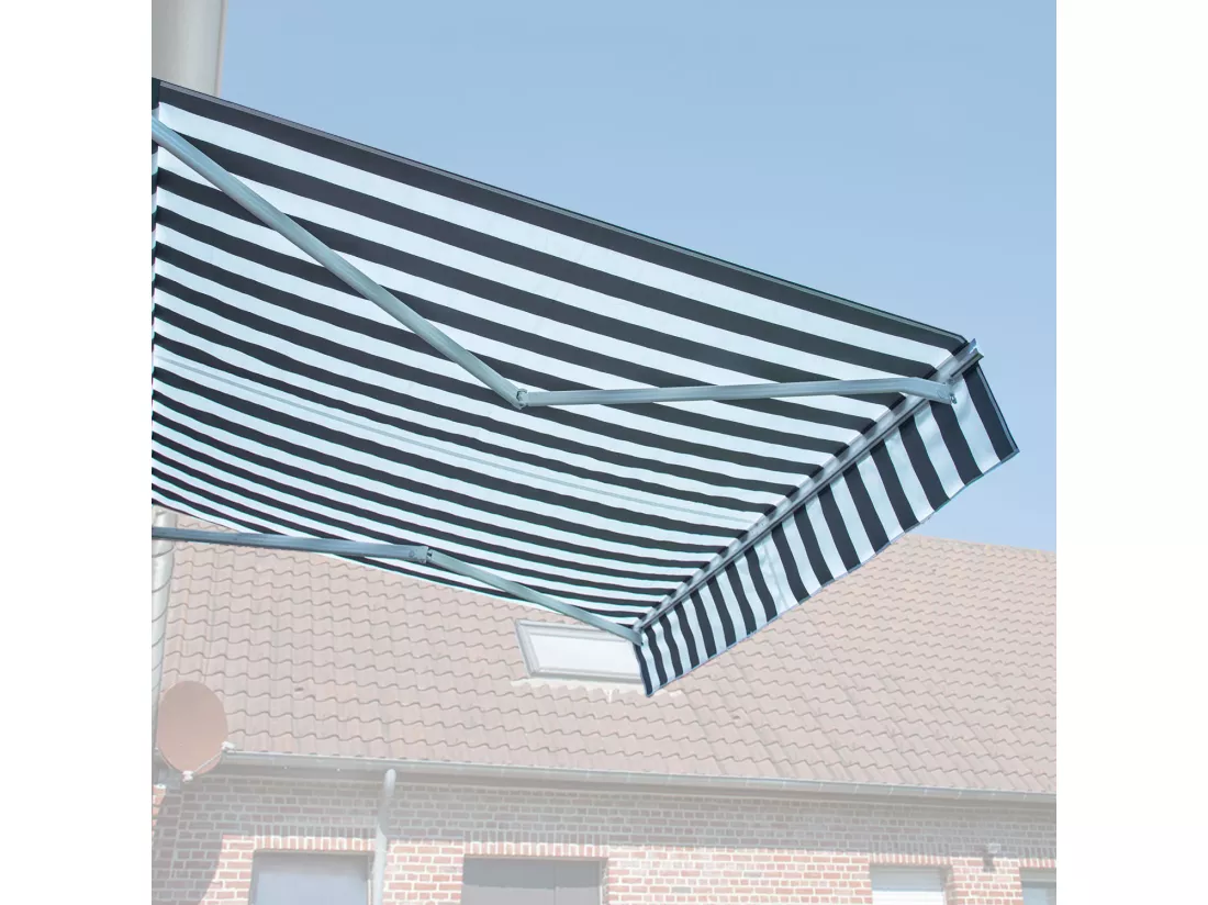 Store banne SAULE 3,95 × 3m - Toile rayée blanche/grise et structure blanche - HAPPY GARDEN
