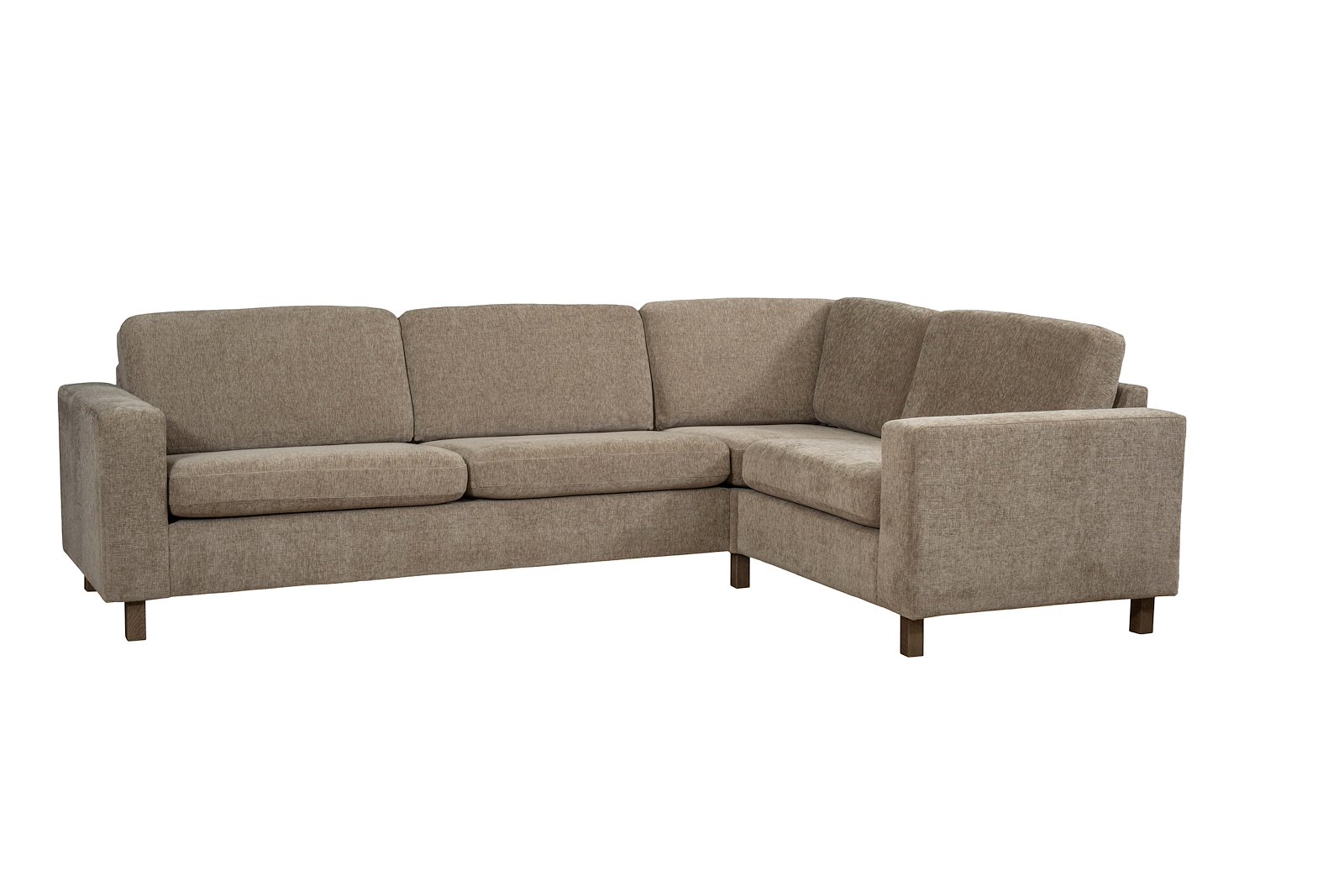 Ellinor hjørnesofa Oppsett H. 3-seter, hjørne 1,5-seter. Tekstil Paloma 1/24 Brown Grey. Arm 1, Duo puter, Firkantet ben 12 cm Mocca. Vendbar