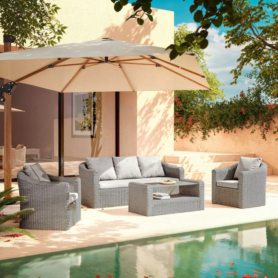 Salon de jardin en résine tressée 5 places 4 pcs Calvi Gris et gris clair