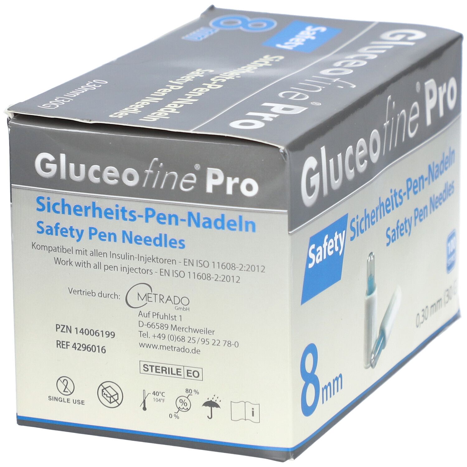 Gluceofine® Pro Safety Sicherheits-Pen-Nadeln 30 G, 0,30 x 8 mm