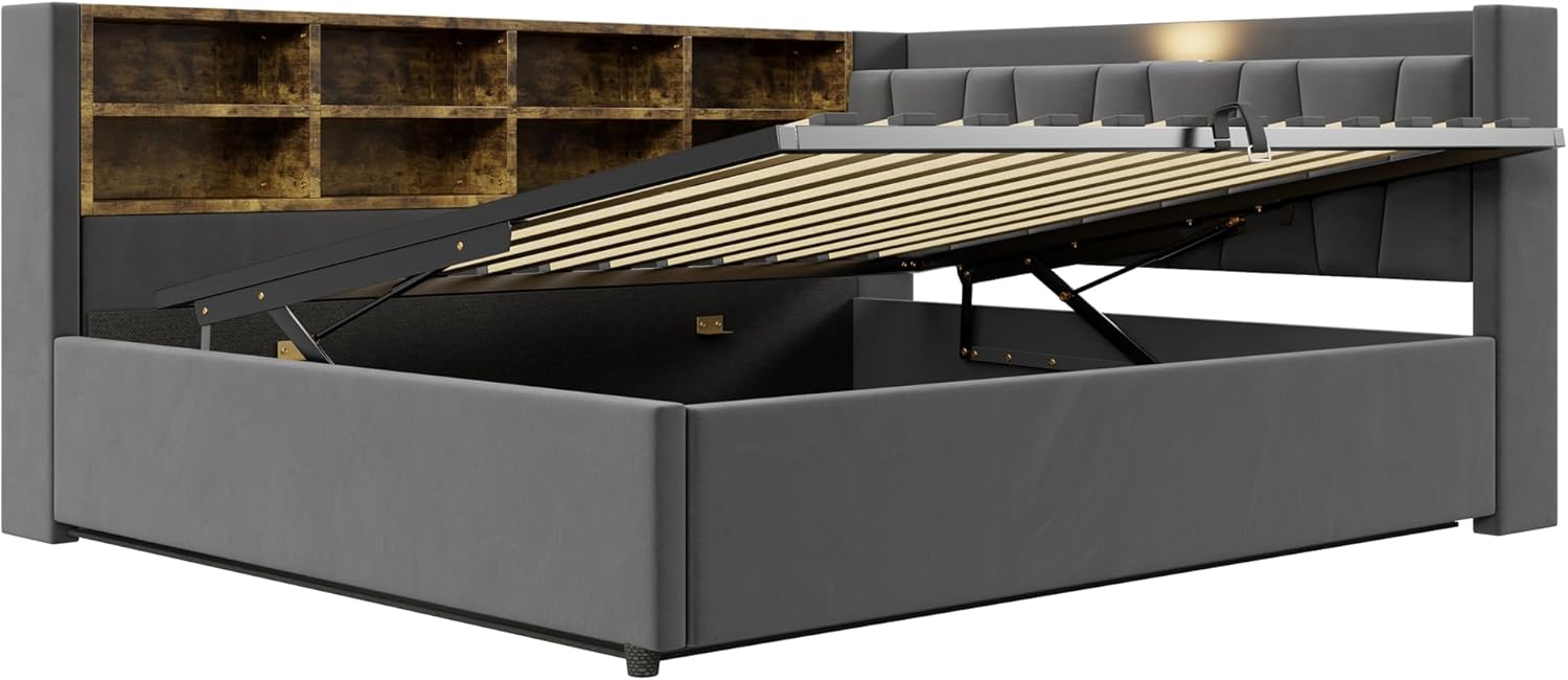 Polsterbett Schlafsofa 140x200, Doppelbett mit Staufach&Nachtlicht&Ladestation, Tagesbett mit Hydraulischem Stauraum & Lattenrost, Funktionsbett Stauraumbett Gästebett Jugendbett, Ohne Matratze, Grau