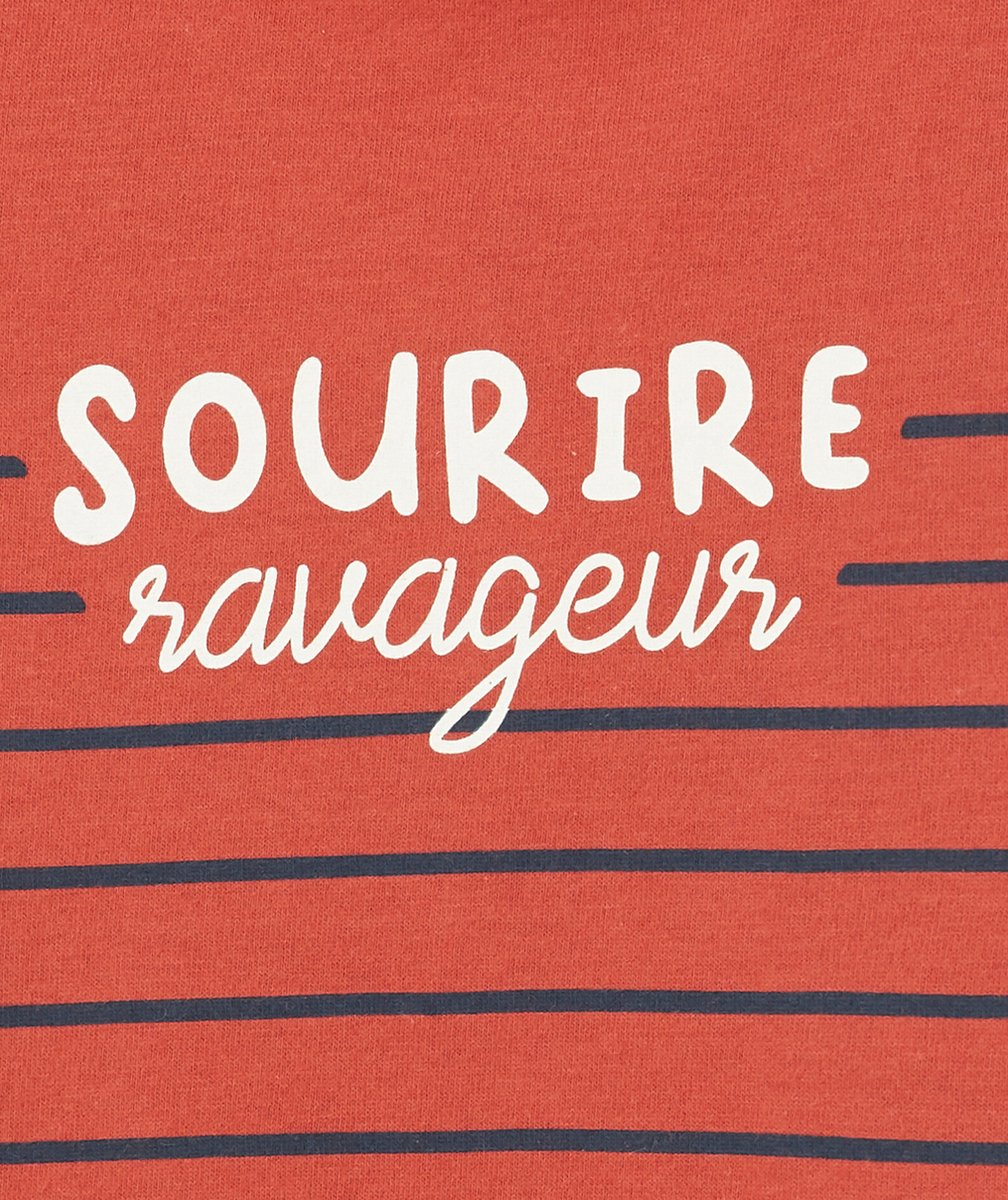 T-SHIRT ROUGE BÉBÉ GARÇON RAYÉ EN COTON BIO AVEC MESSAGE