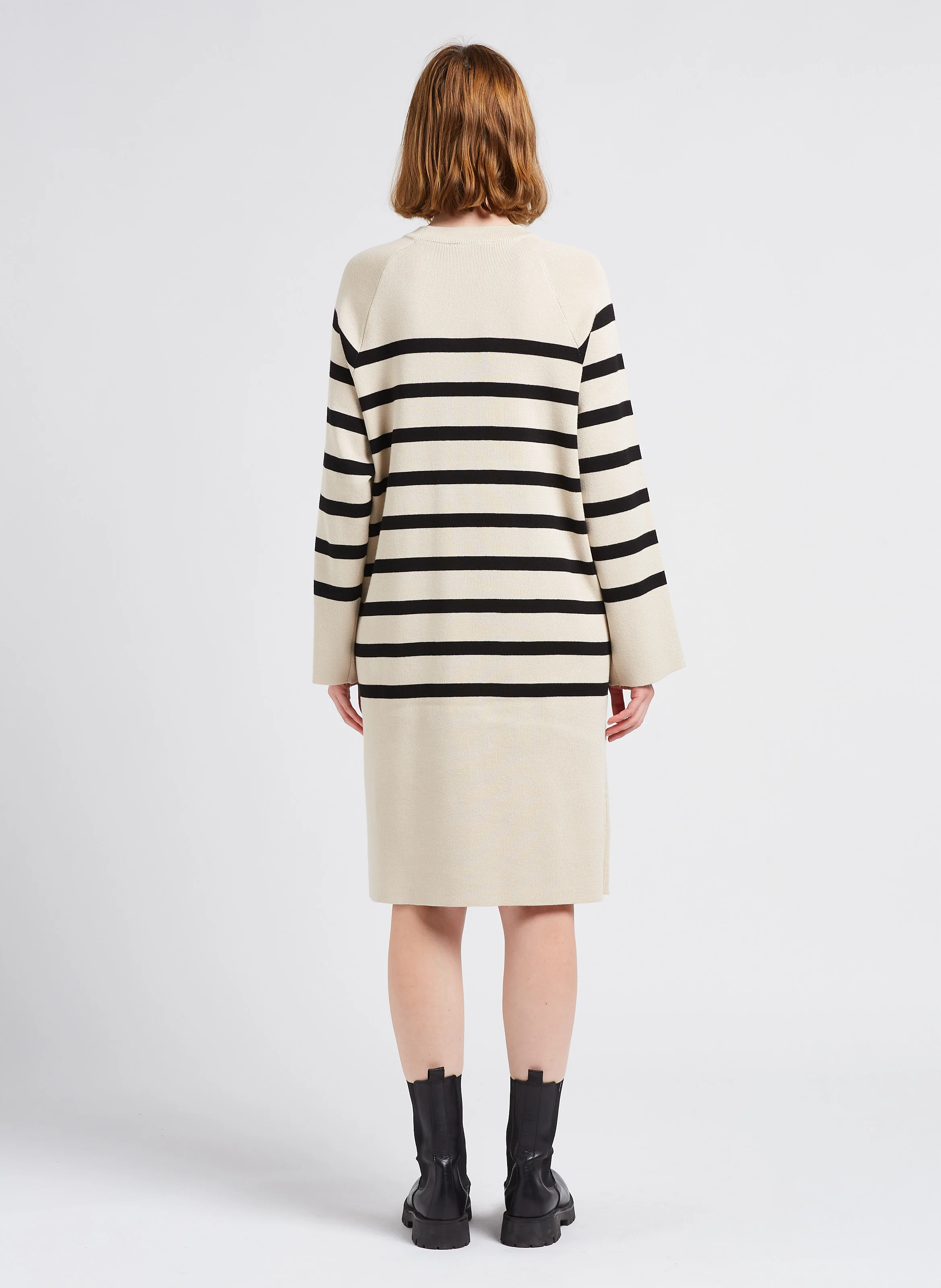 JESTER - Robe midi col rond à rayures| Beige