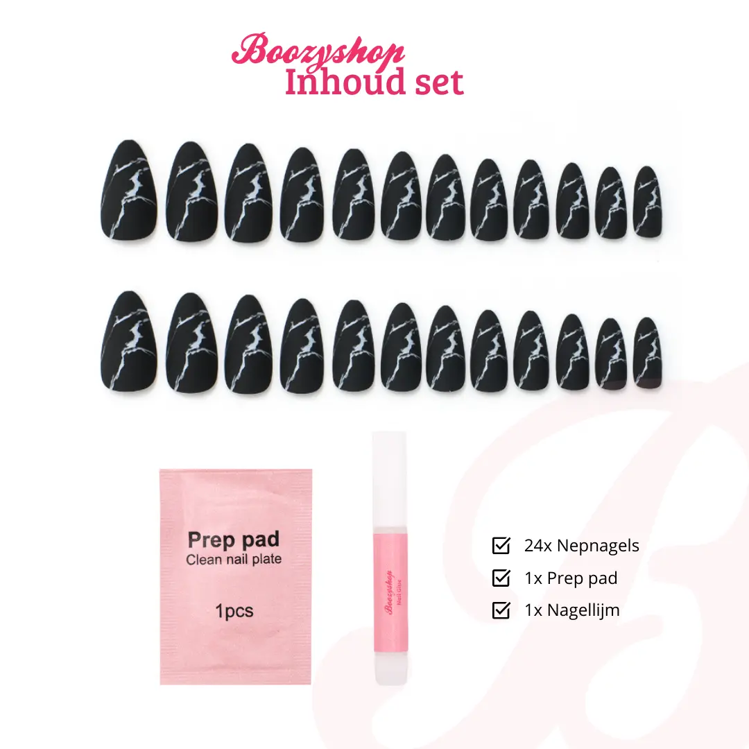 Press On French Nails Black Marble