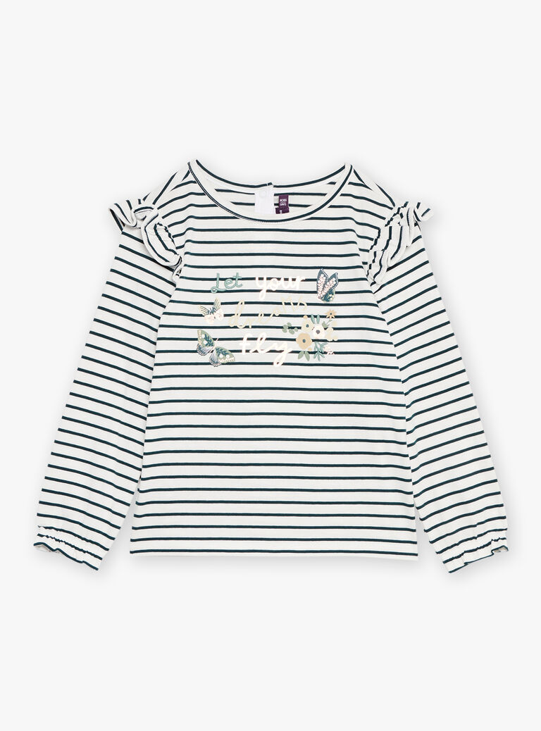 T-shirt écru et vert émeraude à imprimé à rayures