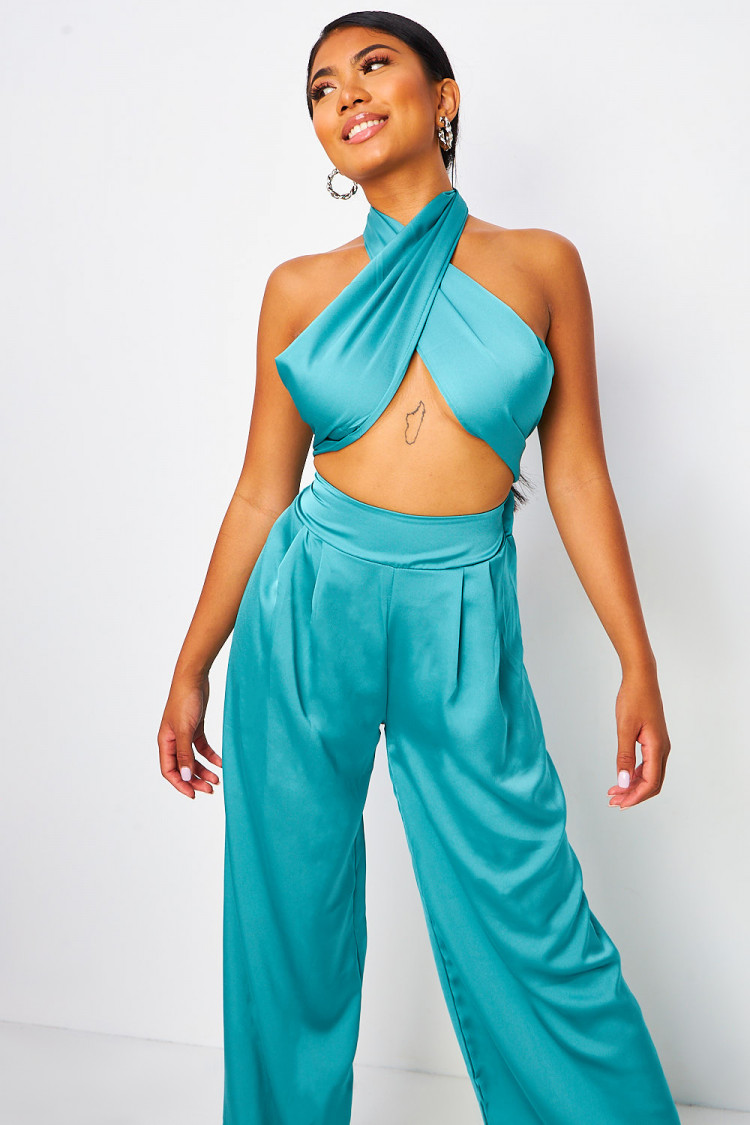 Ensemble satiné bleu vert top à nouer + pantalon