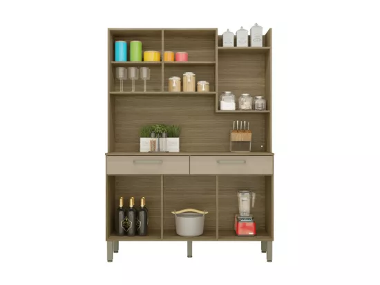 Buffet de Cuisine 6 Portes 2 Tiroirs Chêne Taupe 10 Niches L 132 H 186 P 38.8 cm