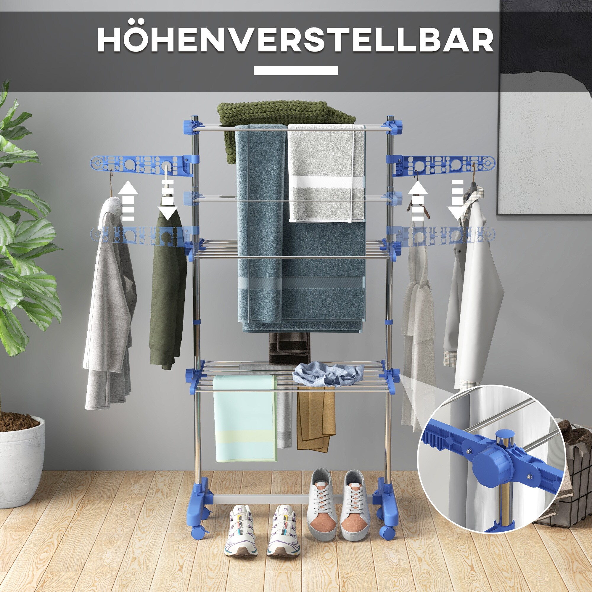 HOMCOM Wäscheständer mit Kleiderhaken grau 142L x 55B x 152H cm